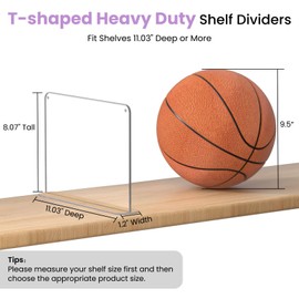 Hotbird Acrylic Shelf Dividers for Closets - 4 Pack Clear Shelf Separators for 11.03" Tall X 8.07" Deep Wood Shelves - Adhesive Sturdy Adjustable T-Shaped Dividers - Purse/Handbag/Tshirt Organizer