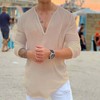 Rela Bota Mens Cotton Linen V-Neck Shirt Solid Hippie Shirts