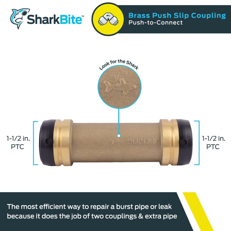 SharkBite 1-1/2 Inch Slip Coupling, Push to Connect Brass Plumbing
