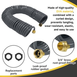 Hozcart Coil Hose,3/8" EVA Coil Garden Hose 25 FT,Curly Water Hose Lightweight with Brass Connectors,Recoil Garden Hose Includes 8-Pattern Spray Nozzle for Boat, Yard, Patio, Green