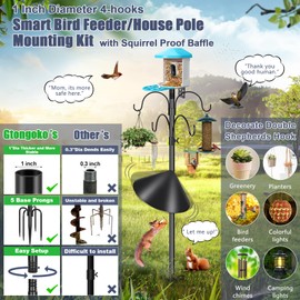 Gtongoko Smart Bird Feeder Pole Squirrel Proof 1-Inch Dia 94 Inch with 4 Shepherds Hooks Hanging Bluebird House Pole for Outdoors Squirrel Baffles for Feeders Metal Heavy Duty Mounting Kit