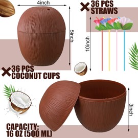 36 Pieces Coconut Cups with 36 Pieces Flower Straws Tropical Coconut Drink Cups Plastic Hawaii Party Cups with Straws for Hawaiian Luau Tiki and Beach Summer Theme Party Decoration for Kids and Adults