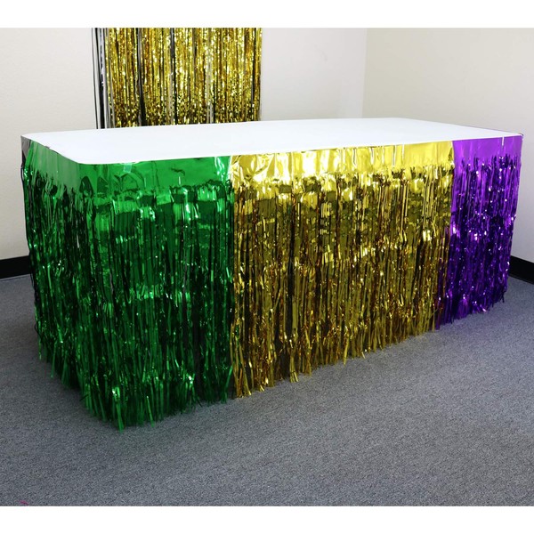 GIFTEXPRESS 2 Pack Mardi Gras Metallic Fringe Table Skirts, Mardi Gras Party Table Skirt (Gold Green Purple, 2-pack)