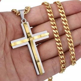 Syrios GIfts Stainless Steel Gold & Silver Double Cross Men Necklaces, Chain, Great Gift