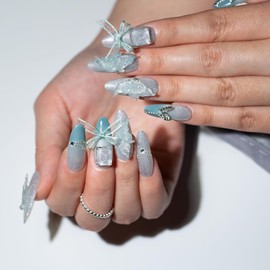 TENPAL French Tip Press on Nails Medium Almond Jade Green Butterfly Designs Fake Nails With Smoothie Cat Eye Handmade Acrylic False Nails Press Ons 10pcs/Box Ballet Nails For Women Spring Summer(M)