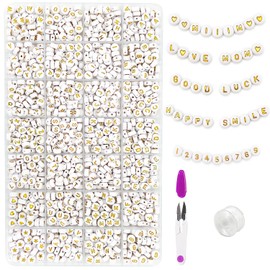 MIIIM 1500pcs Letter Beads A-Z, 4x7mm Round Letter Beads for Bracelets Making, Alphabet Beads for Friendship Bracelet Kit, Number Beads, Heart Beads in 28 Grid Box (White Beads Gold Letters), Small