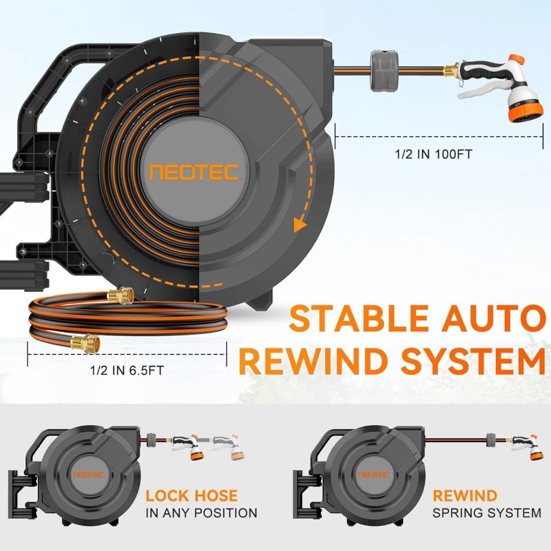 NEOTEC Ground Mounted Retractable Hose Reel with 100FT Garden Water