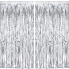 Silver Streamers Metallic Party Backdrop - GREATRIL Foil Fringe Tinsel Curtain for Birthdays/Prom/New Years/Graduations/Photo Booth, 8.2ft x 3.2ft - Pack of 2