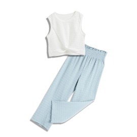 Handfrog Teen Girls 2 Piece Outfits Crop Top Tie Knot Wide Leg Long Pants Summer Clothing Sets Basic Solid Kid Clothes