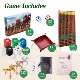 Horse Racing Game with 11 Luxury Metal Horses, Strategy Horse Race Board Game with Solid Wood Horse Race Board, Dice, Cards, Poker Chips and Gift Box for Adults and Family Game Night (Dark Brown)