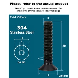 Drenky Black Socket Countersunk Screws M6 X 30mm 304 Stainless Steel Hex Socket Countersunk Bolts DIN 7991 / ISO 10642 Machine Screws Rustproof Flat Head Hex Socket Cap Screws (Pack of 25)