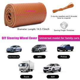 Ziciner Genuine Leather Steering Wheel Cover, Stitch on Wrap, Breathable Anti-Slip Car Steering Wheel Protector for Max Diameter 15 Inch, DIY Sewing with Needles Thread (Brown, Hole)