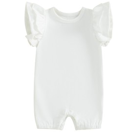 Mubineo Baby Girl Summer Basic Plain Ruffle Sleeve Bubble Romper Jumpsuit Newborn Infant Cotton Toddler Clothes Outfit (White, 6-12 Months)
