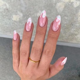 Almond Press on Nails Medium Pink Fake Nails Cute Acrylic False Nails Art Design Artificial Nails French Tips Press on Nails Stick on Nails for Women 24 Pcs Manicure Kit