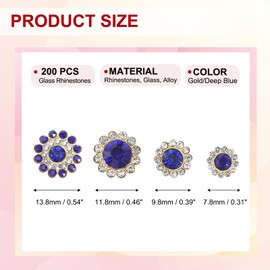 PATIKIL 200 Pcs Sew on Rhinestones Crystals 14mm, 3 Layers Sewing Flower Claw Rhinestones Glass Gems Metal Base for DIY Craft Dress Clothes Belt Decoration, Gold/Deep Blue