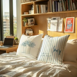 TopXmai Summer Meet Me at The Beach Palm Tree Coastal Pillow Covers 18x18 Set of 2, Blue and White Beach Theme Decor Pillowcases for Teen Girls Rooms Dorms Apartments