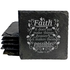 Faith and Hope: Laser Etched Scripture Coasters | Laser Engraved Luke 1:37 "Faith Makes It Possible" | Religious Home Decor - Square Slate - set of 4