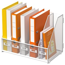 DALTACK Desk Organizers Magazine Binder Folder Holder with 5 Vertical Compartments File Organizer for Office Home School Organization, Metal Mesh, White