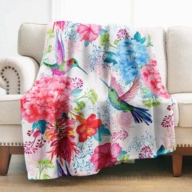Levens Hummingbird Flower Blanket Gifts for Women Girls Mom, Colorful Floral Print Decoration for Home Bedroom Living Room Lounge Dorm, Warm Soft Cute Lightweight Throw Blankets 50"x60"