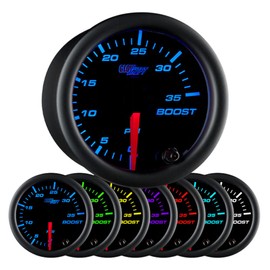 GlowShift Black 7 Color 35 PSI Turbo Boost Gauge Kit - Includes Mechanical Hose & Fittings - Black Dial - Clear Lens - for Car & Truck - 2-1/16" 52mm