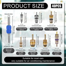 40pcs AC Valve Core Kit, Car Air Conditioner Valve Core Accessories A/C R12 R134a Refrigeration Valve Core with Double-Head Disassembly and Installation Remover Tool Tire Tyre Valve Set for Most Cars