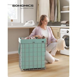 SONGMICS Laundry Hamper, 23.8 Gal. (90L) Laundry Basket, Collapsible Clothes Hamper, Removable and Washable Liner, Metal Wire Frame, for Bedroom Bathroom, Silver and Mint Green ULCB190C01