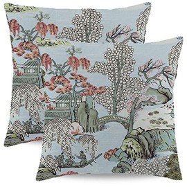 Wsunsal Chinoiserie Pillow Cover 24x24 Inch Set of 2 Asian Scenic Coral Green Blue Throw Pillows Farmhouse Chinoiserie Decorative Pillowcase Linen Cushion Cover for Home Sofa Bedroom Outdoor