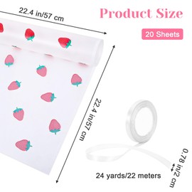Chanumetal 20 Sheets Strawberry Wrapping Paper, Flower Wrapping Paper with Ribbon for Wedding Party Graduation Birthday and DIY Craft Florist Supplies (22.4x22.4Inch, White)