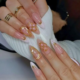 Almond Press on Nails Medium Fake Nails with Flower Designs Gold Glue on Nails White French Tip Nails Press ons Light Pink Acrylic Nails Fall Summer False Nails Cute Stick on Nails for Women 24Pcs