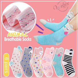WELSOX Welwoos Girls Socks Gifts for kids Cute Animal Fun Crew Fashion Funny Novelty Soft Cotton Socks 6 Pairs(Animal,5-8 Y)