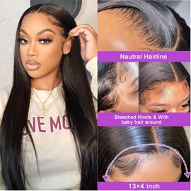 24 Inch Straight Human Hair Wigs, 13 x 4 Human Hair Lace Front Wigs, Pre Plucked, Glueless Wigs, Human Hair with Baby Hair, Natural Black, 180 Density