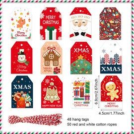 Lunaanda Christmas Gift Tags, 48 Pieces Christmas Kraft Paper Gift Tags with String for DIY Crafts, Christmas Tree Decoration, Gift Wrapping, 12 Designs Christmas Tags