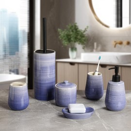 SURUI 6-Piece Ceramic Bathroom Accessories Set, Includes Lotion Dispenser, Cotton jar, soap Dish, Tumbler, Toothbrush Holder, and Toilet Brush（Purple）