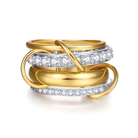 14K Gold Plated Interlocked Stackable Rings for Women - Gold and Silver Cubic Zirconia Two-Toned Connected Bands Stacking - Statement Mixed Metals Multi Ring Stack - Non Tarnish Jewelry (4PCS, 9)