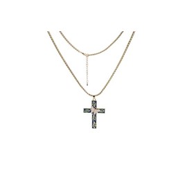 Decorative Cross Pendant Necklace, Blue Enamel with Butterfly Design, Gold-Tone Chain, 18inch, Metal, No Gemstone