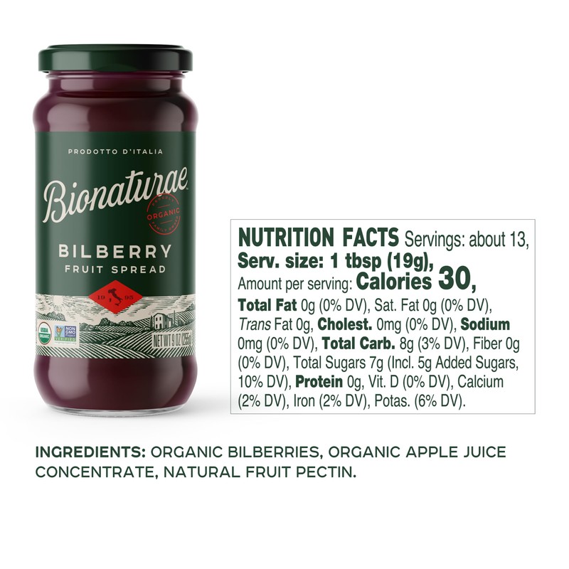 Bionaturae Organic Bilberry Fruit Spread - Jelly Organic, Non-GMO, USDA