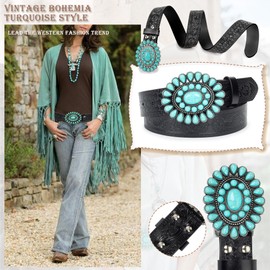 Bawnhaw Black Western Vintage Concho-Turquoise-Belts for Women Men Embossed-PU-Leather Country Rodeo Cowgirl-Belts with Big-Buckle for Jeans Dresses Pants (29"-37")