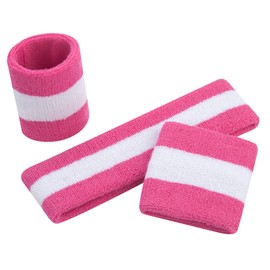 ONUPGO Sweatband Set Sports Headband Wristband Set Sweatbands Terry Cloth Wristband Wrist Sweatband Headbands Moisture Wicking Sweat Absorbing Head Band (Pink/White/Pink)