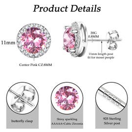 JeweBella Stud Earrings 925 Silver for Women - Hypoallergenic Round Birthstone Earrings 8 mm - Brilliant Large Cubic Zirconia Earrings Silver 925 Stud, copper