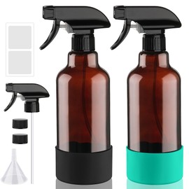 Glass Amber Spray Bottles with Silicone Sleeve, 2 Pack 16 oz Refillable Containers with Adjustable Spray Nozzles, Empty Bottle Spray for Cleaning Solutions, Hair, Plants, Essential Oils (Black,Green)