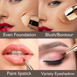 kullder 4 in 1 Makeup Brush Travel Makeup Brushes Blend Sponge, Eyebrow, Eyeshadow & Blush Brushes for Foundation Concealer Double Ended Makeup Brush with 2 Powder Puff Women Ideal Gifts