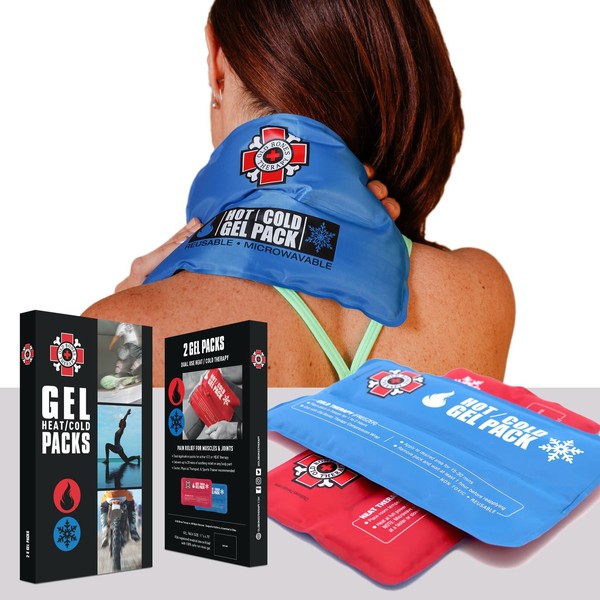 Old Bones Therapy Hot & Cold Gel Pack Bundle (2 Pack, Blue + Red, Size: 11" x 6.5") : Large Reusable Ice & Heat Pack for Knee, Shoulder, Back & Neck Pain Relief