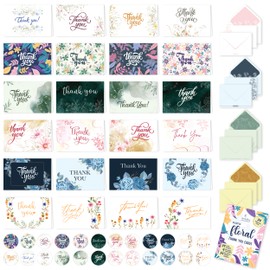 24 Pack Assorted Thank You Cards with Envelopes & Stickers, 24 Unique Designs Blank Inside Floral Thank You Cards with Envelopes, 6x4in Variety Thank You Cards with Envelopes, Thank You Cards Assorted