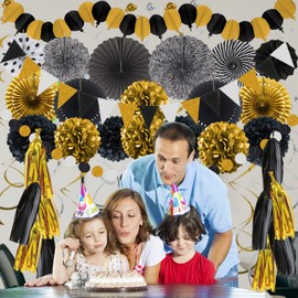ZERODECO Party Decoration, 41 Pieces Black Gold Party Decoration Paper Pompoms Garland for Birthday Set Graduation Party Retirement Party Decoration Graduation Party Carnival Party Decorations