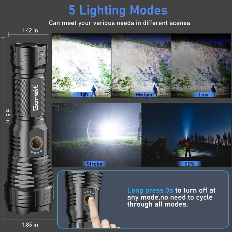 Flashlights LED High Lumens Rechargeable, Goreit 20,000 Lumens XHP70.2 Super