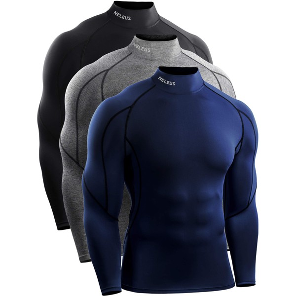 NELEUS Men's Compression Shirts Dry Fit Long Sleeve Mock Neck Shirts,3 Pack,5059,Black/Grey/Navy Blue,US M,EU L