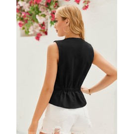 GAMISOTE Women Sleeveless Vest Crop Vintage V Neck Elastic Tomboy Chiffon Blazer Black