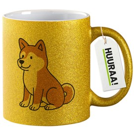 Huuraa Glitzer Kaffeetasse Akita Inu Comic Akita Geschenk 330ml Gold Akita Inu Geschenkidee