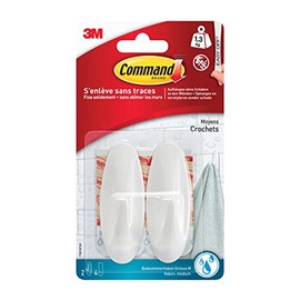 Command W17081 plastic hooks, size M, waterproof up to 1.4 kg Load Design with 2 Hooks and 4 Strips White
