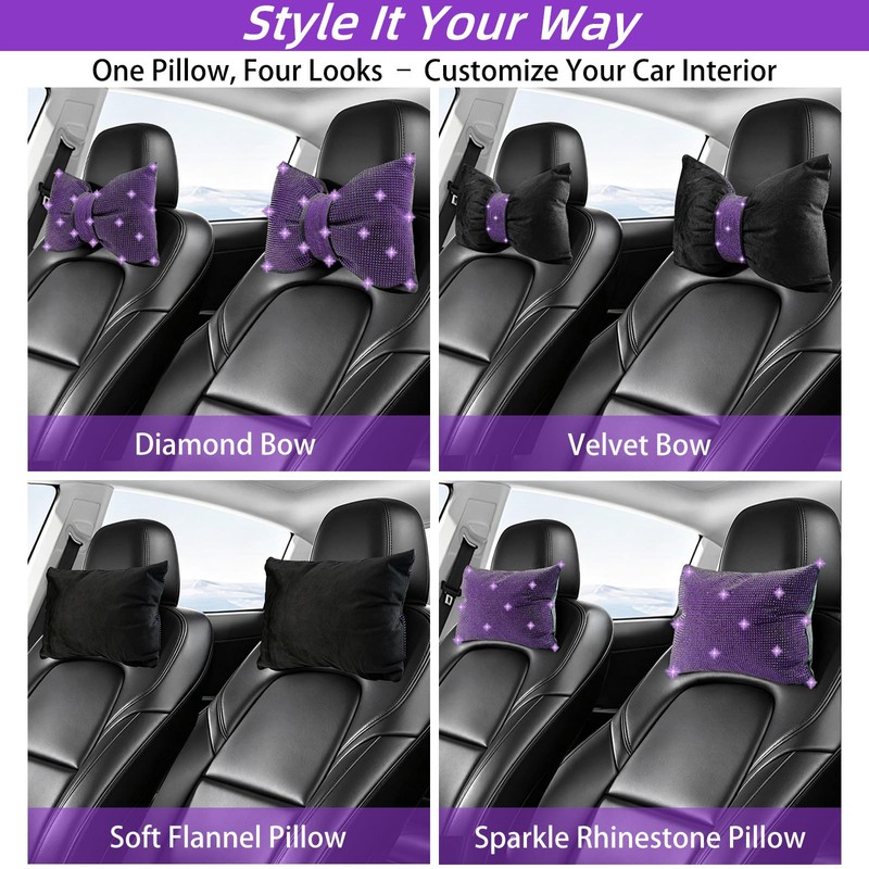 2 Pack Bling Car Pillows, Rhinestone Bow Pillow for Car,